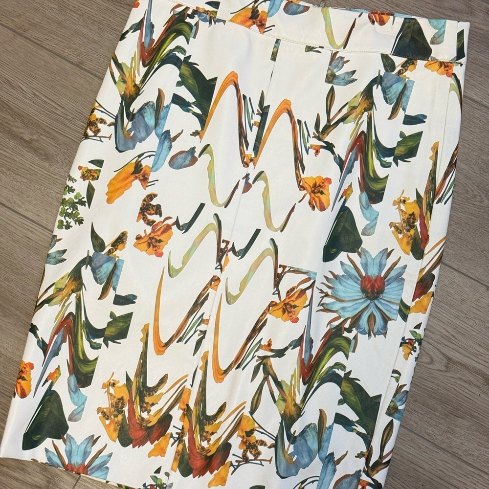 Sandra Angelozzi Floral Abstract Print Pencil Skirt Faux Learher Sz.2